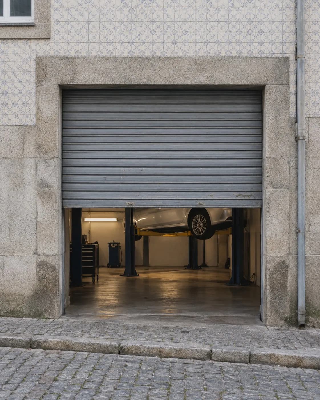 Uma porta de garagem de enrolar, meio aberta, numa rua de granito do Porto, com luz quente lá dentro