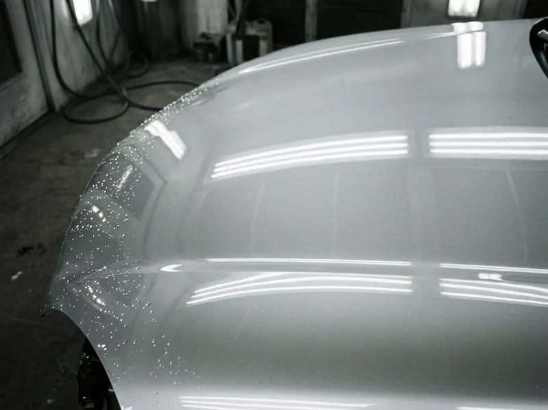 As lâmpadas da estufa refletidas num capô acabado de pintar a prata