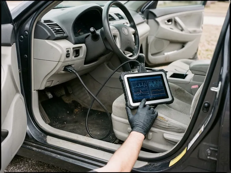 Um tablet de diagnóstico ligado por baixo do tablier