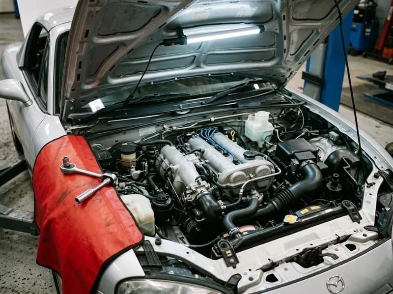 Um compartimento do motor aberto debaixo de uma lâmpada de trabalho