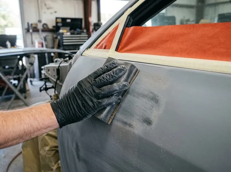 Uma mão de luva a lixar uma porta com primário cinzento