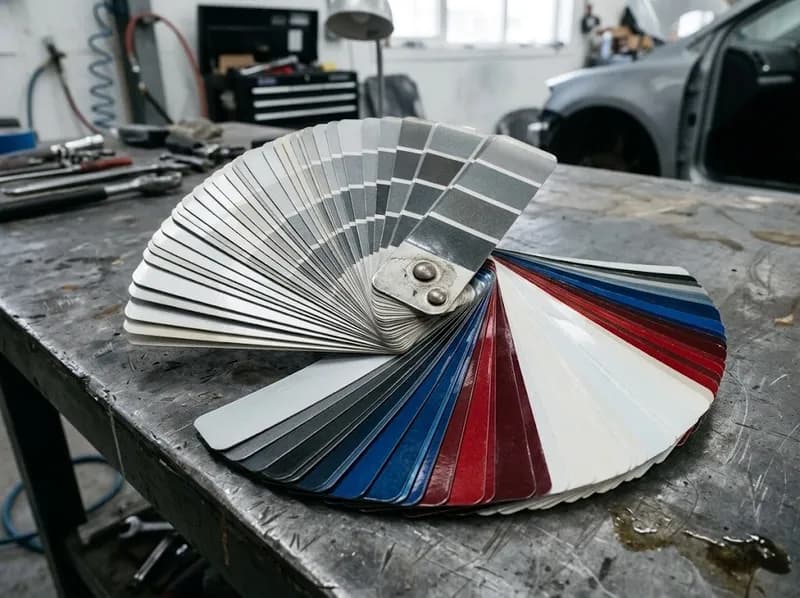 Um leque de cores aberto numa bancada, com as amostras prata por cima