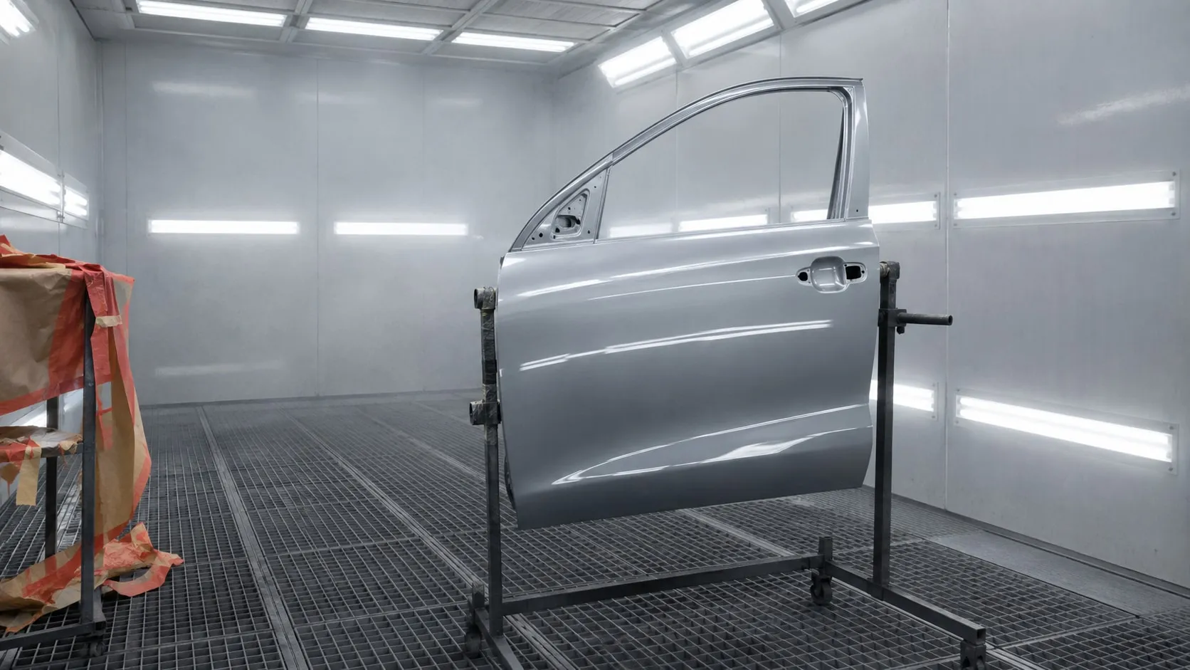 Uma porta de carro acabada de pintar a prata dentro de uma estufa fechada, iluminada por longas lâmpadas horizontais