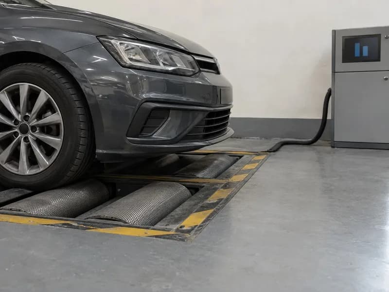 Os rolos de um banco de ensaio de travões no chão da oficina, com as rodas da frente de um carro em cima